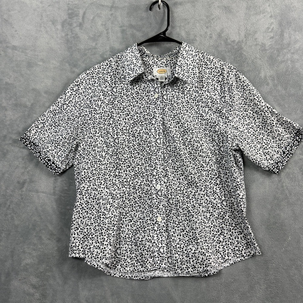 Talbots Womens M White Black Floral Shirt Short Sleeve Cotton Office Cottagecore